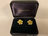Pair of floral earrings displayed in open Tiffany & Co box