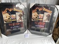 Two shadow boxes side by side still in original clear packaging with corner protectors and sample display inserts featuring dog themed images and items.