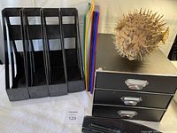 Photo showing 5 black plastic magazine holders, colorful wall mount copy holder, black metal 3-hole punch, and black 3-drawer paper organizer, with dried pufferfish on top