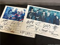 Two cast photos side by side showing The Avengers: Age of Ultron group on left and Gotham Season 1 cast on right, with printed autograph facsimiles below each.