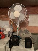 Photo showing all five items together including two small desk fans, one standing fan, one floor fan, and one space heater.