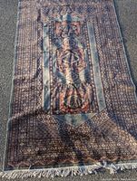 View of entire rectangular rug on pavement showing detailed geometric central pattern with blue and reddish-brown colors, and fringed edges.