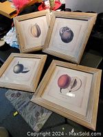 Four framed square botanical fruit prints laid out resting against a black surface, showing wood framed art with a light distressed finish depicting papaw, pomegranate, medlar, and persimmon fruits.