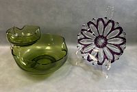 Both items together: olive green chip and dip set and amethyst/clear crystal plate.