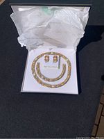 Full set in white box with tissue paper covering. Includes necklace, bracelet, and earrings.