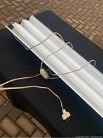 Lamp fixture with two fluorescent tubes and beige power cord with inline switch, placed on black fabric surface outdoors.