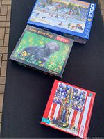 Three puzzle boxes shown on black surface: top is a 1000-piece winter skating scene, middle is a 300-piece Canadian Geographic grey wolf pup, bottom is a 1000-piece Coca-Cola puzzle with trophy and flag.