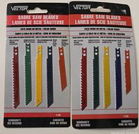 Two unopened packages of Vector Sabre Saw Blades shown together, each package with five color-coded blades for different cutting purposes.