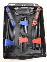Open view of the Job Mate 55 piece hex key set showing the organization of SAE, Metric, and Torx keys with color-coded holders inside the plastic case.