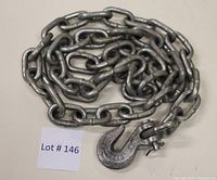 5 ft coiled steel chain with attached hook and lot tag