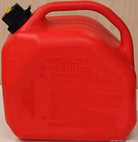Side view showing red gas can with embossed caution text and 10L capacity marking