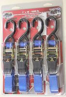 Front view of packaged set of four blue ratchet straps with metal S-hooks and ratchet mechanisms, showing product information and size details.