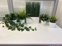 Five artificial plants arranged on a table against a window background, showing trailing ivy, fern, tall grass, bushy plant, and spiky grass plants in white pots.