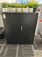 Front view of black metal office cabinet with two closed doors and multiple small potted plants on top, showing overall good condition and locking mechanism in the center.
