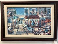 Full view of framed painting depicting Paris street scene