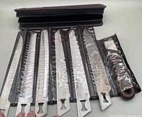 Photo showing six metal interchangeable cutter blades together in leather storage pouch, each in clear plastic sleeves with zipper pouch in background.