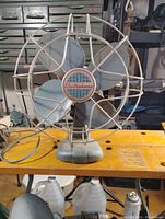 Front view of vintage Electrohome fan showing metal blades, wire cage, logo badge, and base on yellow surface.