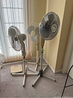 Three oscillating pedestal fans and one scale positioned next to a window, showing physical condition and scale for size.