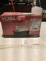 Box front showing Little Giant VCMA-15 condensate pump model VCMA-15UL label and image.