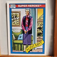 Front of the Marvel Super Heroes #28 Aunt May trading card showing full-color illustration and branding.