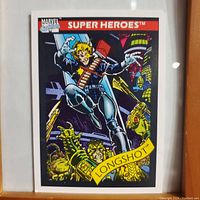 Front side of the Marvel trading card featuring Longshot character illustrated in dynamic action pose under banner 'Super Heroes' and MARVEL Comics logo.