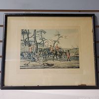 Full view of framed color lithograph hunting scene titled 'The Death' featuring riders on horseback and hounds in a countryside setting.
