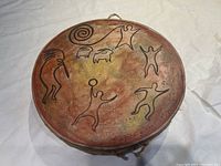 Front view of the round drum showing the hand painted Kokopelli figure alongside other tribal figures in earthy colors.