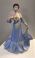 Front view of Coalport 'Royal Invitation' porcelain figurine showing woman in blue gown holding a fan.