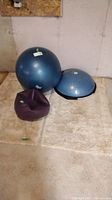 Overview of three exercise items: blue Everlast exercise ball, Bosu balance trainer with blue dome and black base, and deflated purple PURathletics ball on beige carpet.