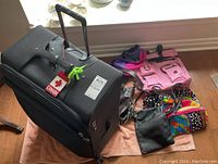 Photo showing the large Samsonite suitcase with the five assorted carry on bags and purses arranged on the floor