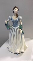 Front view of Royal Doulton Flower of Scotland figurine showing blue bodice, white skirt and tartan shawl.