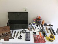 Photo showing the entire tool collection laid out including toolbox, tools and accessories