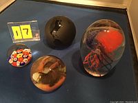 Four glass paperweights arranged on a dark blue surface, showing different angles. Includes black globe paperweight, small floral floret paperweight, glow in the dark jellyfish paperweight, and signed swirl pattern weight.