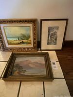 Overall view of the three framed artworks arranged on the floor showing the beach scene, Notre Dame print, and mountain painting.