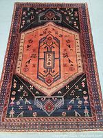 Full front view of rug on floor showing central medallion and border motifs