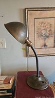 Full view of antique gooseneck desk lamp placed on a table with a floral picture in the background.