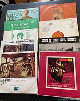 Photo showing diverse vinyl record covers including Irish folk music, classical, and popular LPs like Nelson Eddy and Bolero collection.