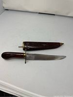 Full view of dagger with wooden handle and sheath with bronze fittings on white background