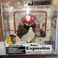 Front view of Tony Esposito NHL Legends action figure in original packaging, showing figure and branding