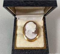 Front view of the cameo brooch in its presentation box