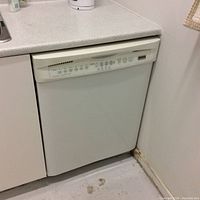 Full view of white dishwasher installed under countertop with visible wear and dirt marks at base.