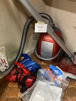 Electrolux Oxygen Series red and silver canister vacuum cleaner with flexible grey hose, metal wand, and red floor nozzle on tiled floor beside vacuum bags and accessories.