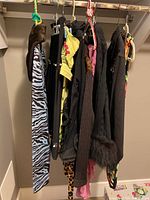 Clothing items hanging on a closet rod showing 7 garments including animal print dresses, a pink dress, black sweater with fur cuffs, and a blue animal print dress.