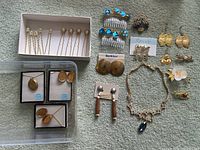 Full view of boxed hair pins and assorted costume jewelry laid out on carpet, showing the variety of pins, earrings, brooches and necklace