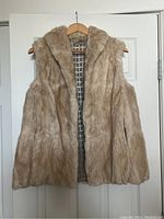 Front view of the light beige fur vest showing the wide collar and visible fabric lining inside.