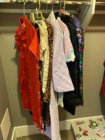 Full view of six vintage women's tops hanging on hangers in a closet showing variety of styles and colors.