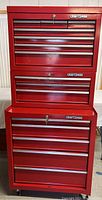 Full view of three red Craftsman toolboxes stacked