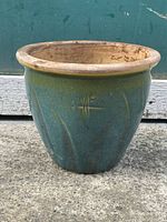 Front side view of the ceramic planter pot showing glazed green finish and embossed dragonfly and leaf motifs.