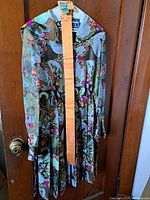 Full front view of vintage silk dress on hanger showing length, collar, sleeves, and button front.