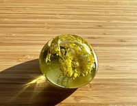 Front left perspective of the round clear glass paperweight with yellow flower inside on wooden surface in natural light.